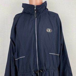 Champion Roll Up Hood Long Windbreaker Jacket Vintage 90s Blue Size XL